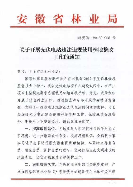 20181126安徽省林资函〔2018〕908号-关于开展光伏电站违法违规使用林地整改的通知