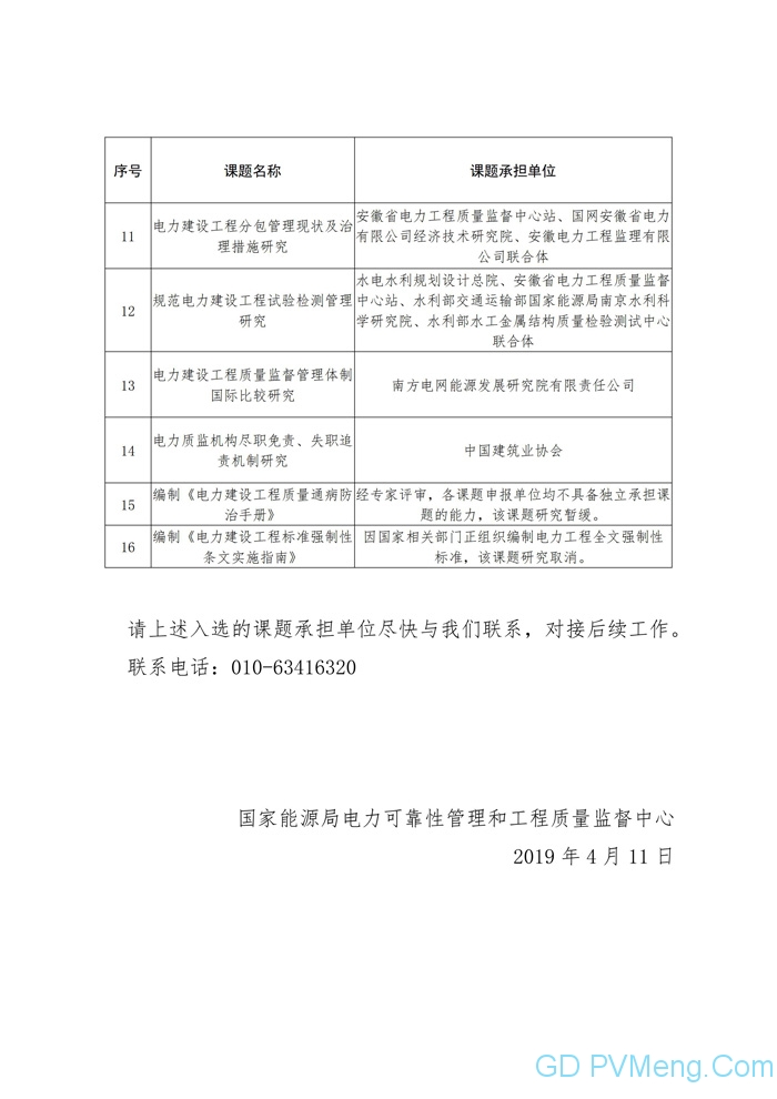 国家能源局电力可靠性管理和工程质量监督中心2019年研究课题（第一、第二批）承担单位入选结果公告