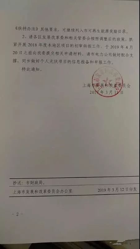 上海市发改委关于调整可再生能源资金扶持政策支持光伏发电持续发展有关事项的通知（沪发改能源〔2019〕33号）20190311