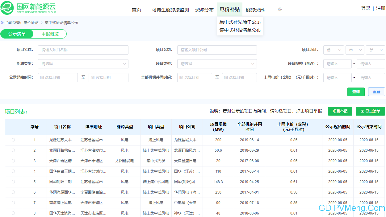 国家电网有限公司关于可再生能源补贴清单复核通过项目的公示 20200606