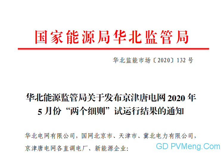 华北能源监管局关于发布京津唐电网2020年5月份“两个细则”试运行结果的通知 （华北监能市场〔2020〕132 号）20200630