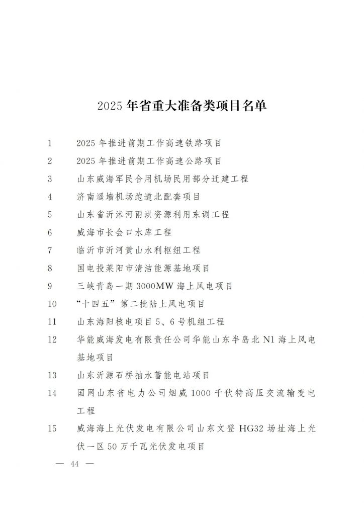 山东省人民政府关于下达2025年省重大项目名单的通知（鲁政字〔2025〕5号）20250110