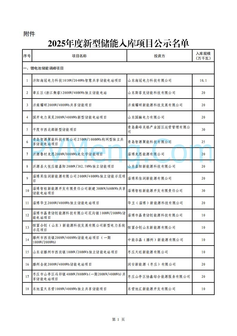 山东省能源局关于2025年度新型储能入库项目的公示20250709