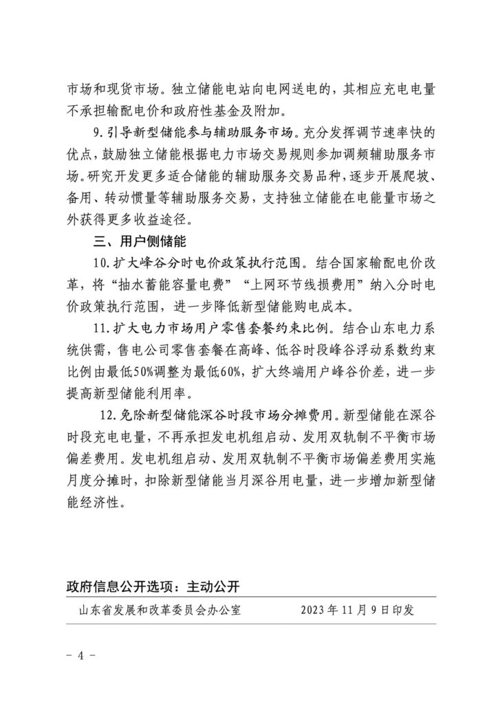 山东省关于印发《支持新型储能健康有序发展若干政策措施》的通知（鲁发改能源〔2023〕877号）20231109