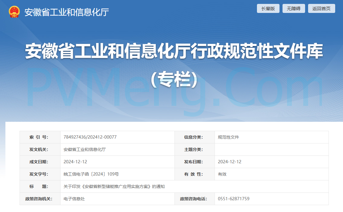 安徽省工业和信息化厅关于印发《安徽省新型储能推广应用实施方案》的通知（皖工信电子函〔2024〕109号）20241212