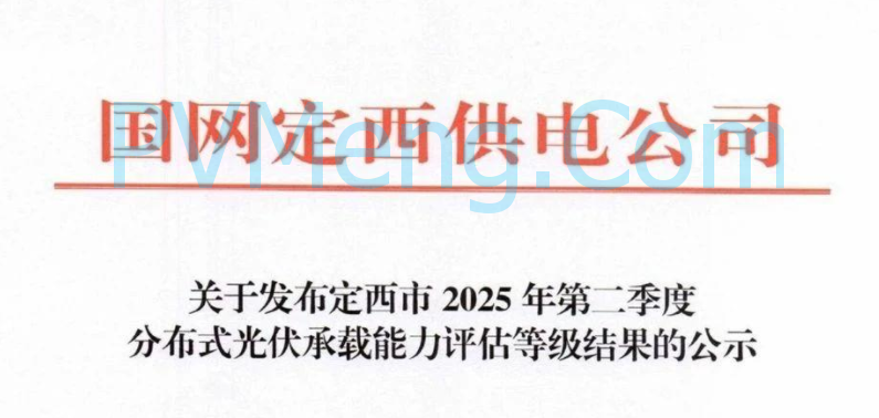 国网定西供电公司发布关于西市2025年第二季度分布式光伏承载能力评估等级结果的公示20250514