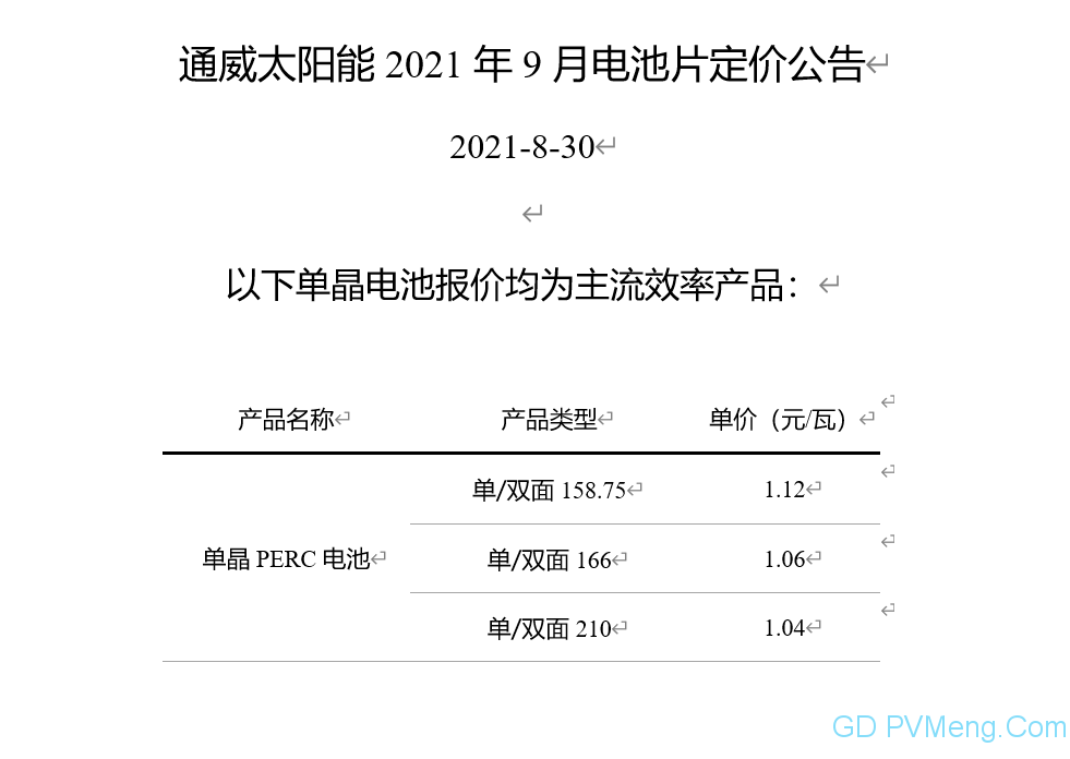 【上调】通威太阳能2021年10月9日电池片定价公告 20211009