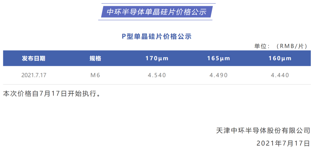 【今年最大涨幅9.8%】中环半导体关于8月单晶硅片价格公示 20210811