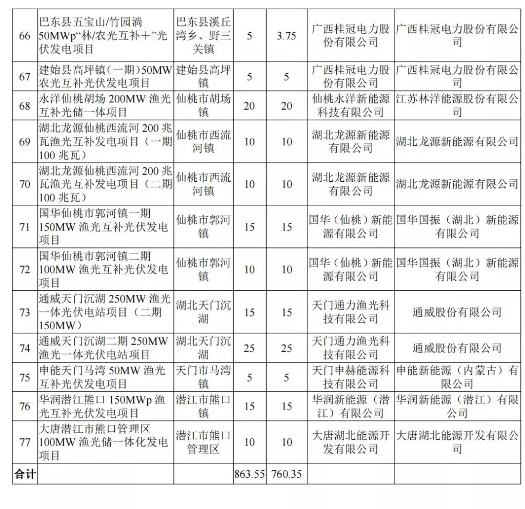 湖北省能源局关于2021年平价新能源项目审查结果的公示20210916