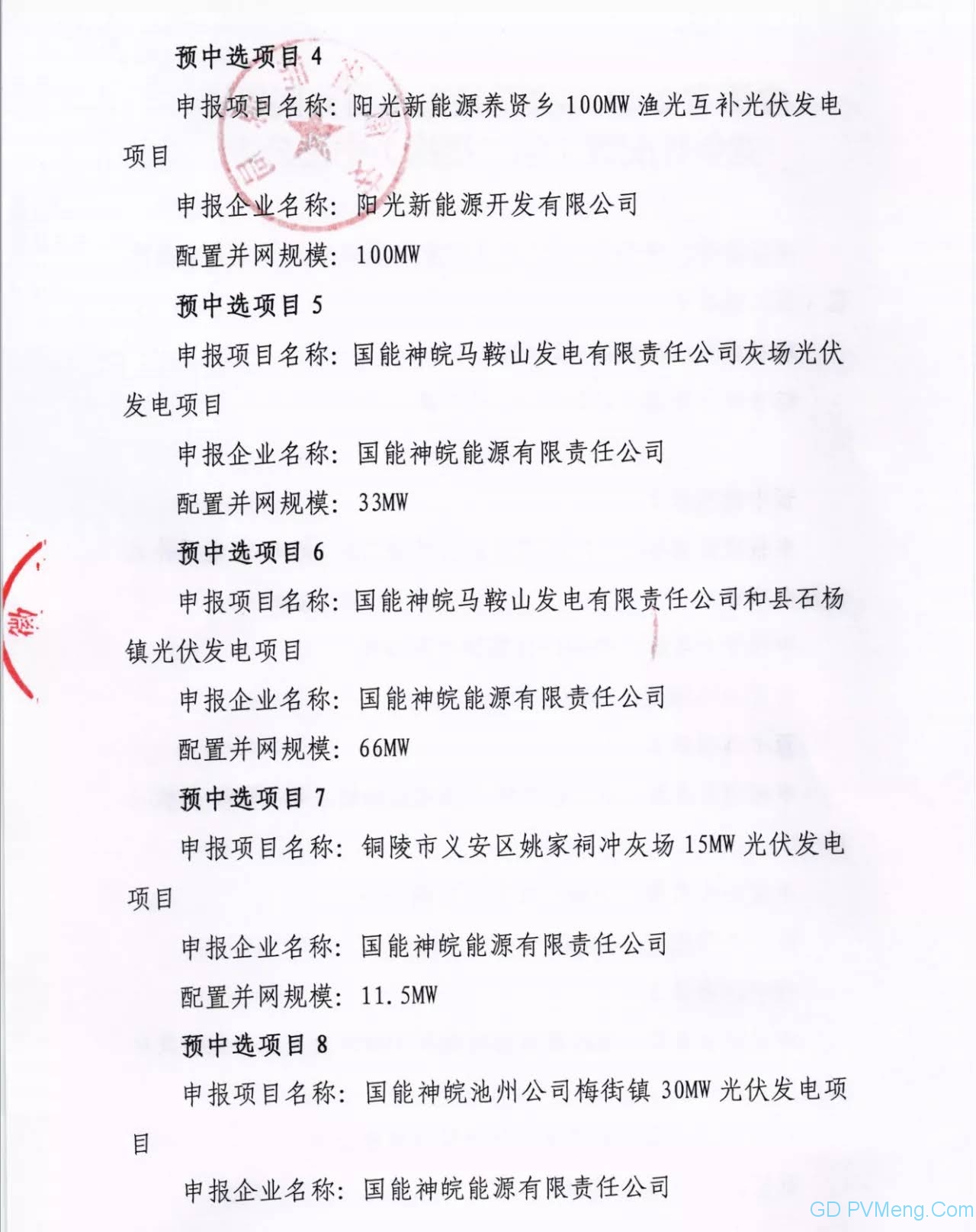 安徽省2021年光伏发电项目并网规模竞争性配置(第二批次)中标公告20211119