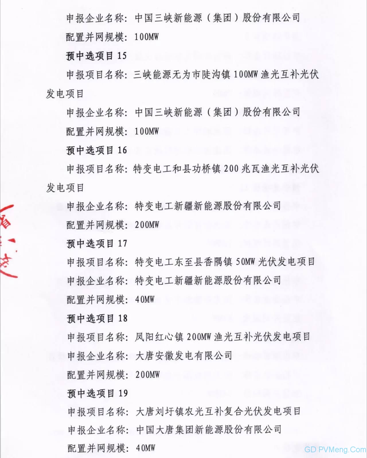 安徽省2021年光伏发电项目并网规模竞争性配置(第二批次)中标公告20211119