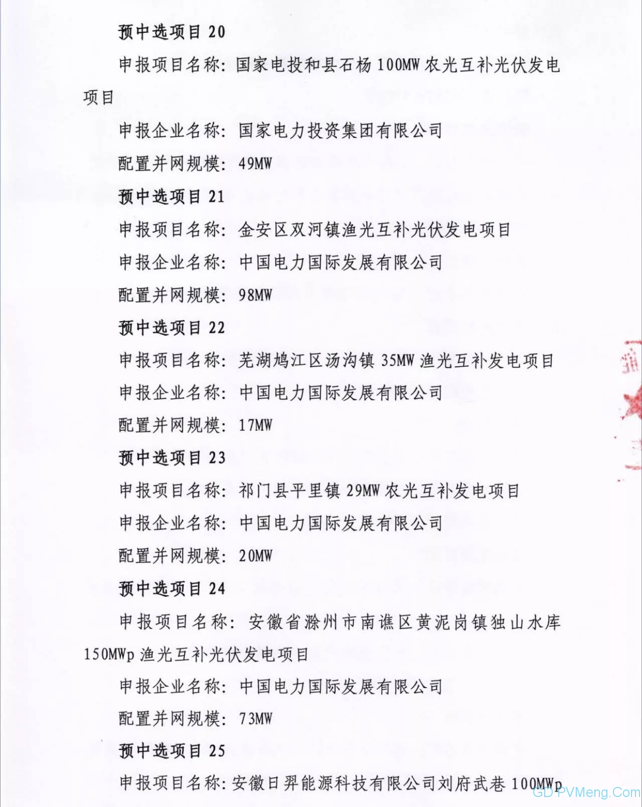 安徽省2021年光伏发电项目并网规模竞争性配置(第二批次)中标公告20211119