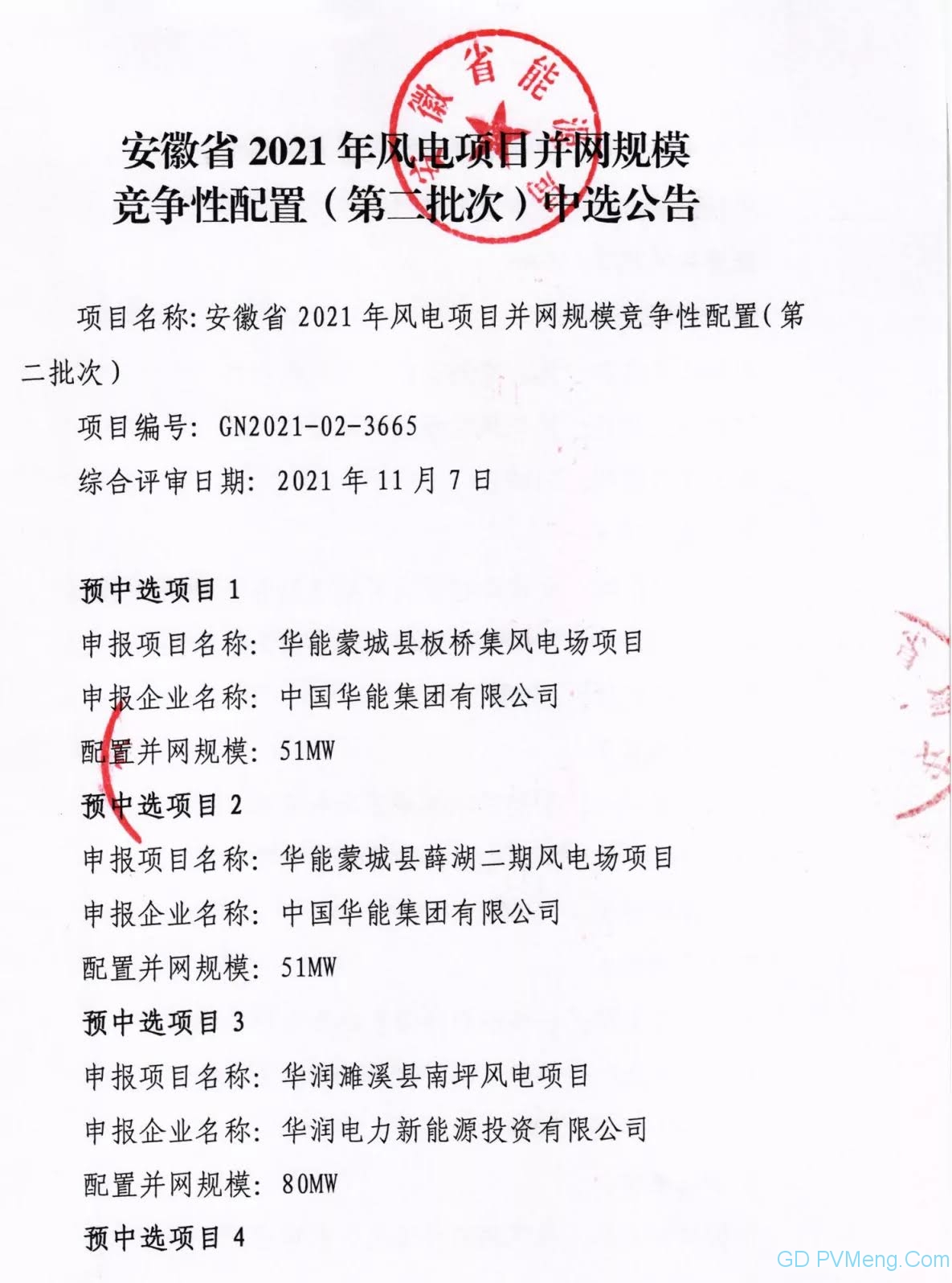 安徽省2021年风电项目并网规模竞争性配置(第二批次)中标公告20211119